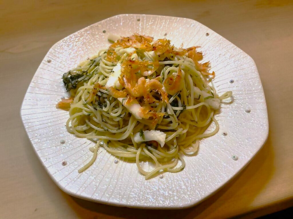 桜えびとアオリイカと大葉のしずまえパスタ　～しずまえレシピ～